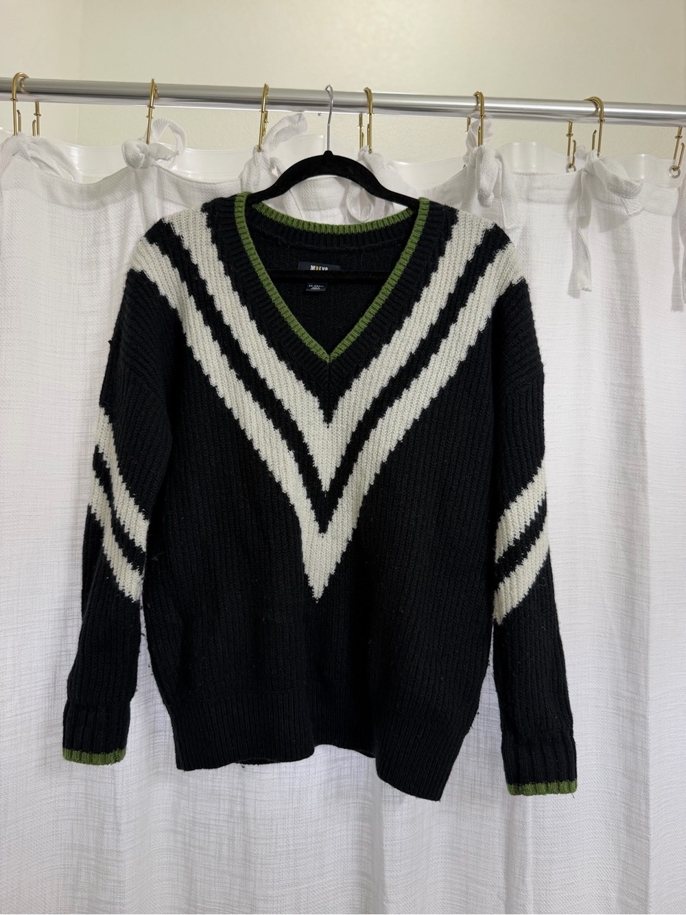 Anthropologie V-Neck Chevron Stripe Sweater with Olive Trim - Women